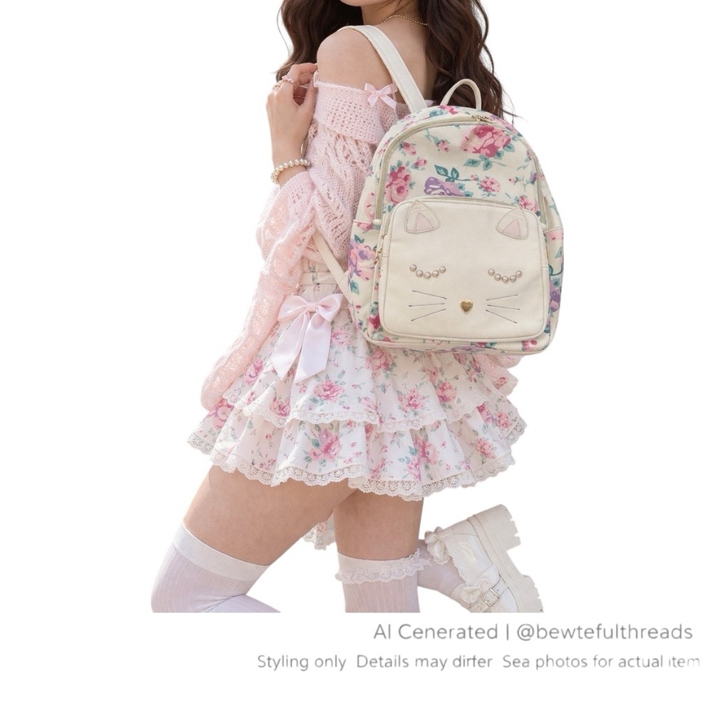 Backpack Pastel Floral Kawaii Coquette Pearl Cat